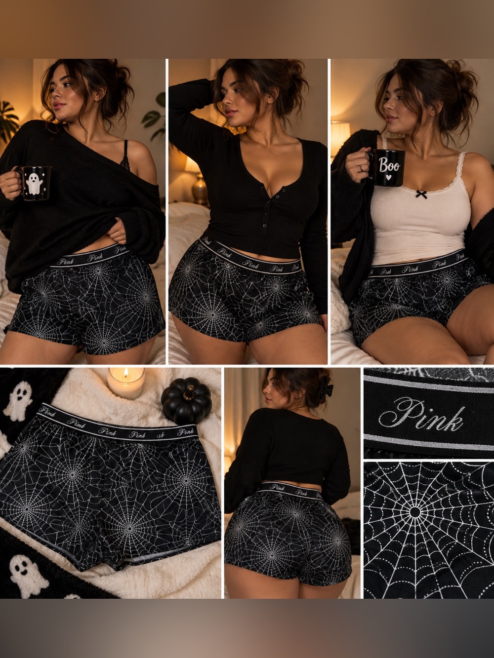 PINK Victoria's Secret Black Spiderweb Print Lounge Shorts Sz XXL NWT